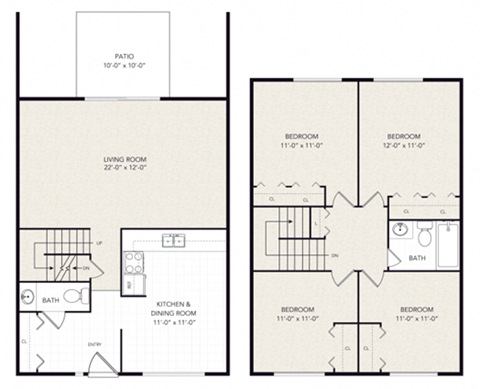 Floor plan for 4 beds, 1.5 baths, 1232 sqft